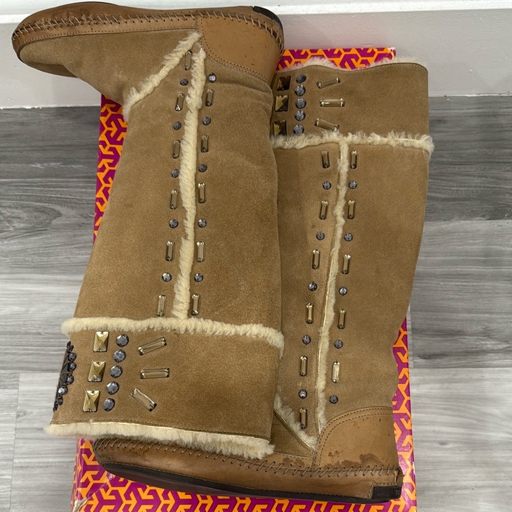 Tory Burch Knee High Shearling Camel Embellished Boot - Picture 10 of 12